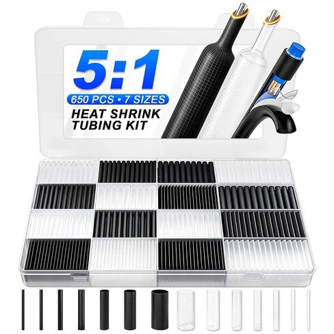 ROADPLUM 5:1 Heat Shrink Tubing Kit,650 PCS Adhesive Lined, Clear Black Wire Shrink Wrap Tubing,7 Size 3/32"-3/4" Industrial Dual Wall Heat Shrink Tube,Waterproof Heatshrink Tubes in Kuwait