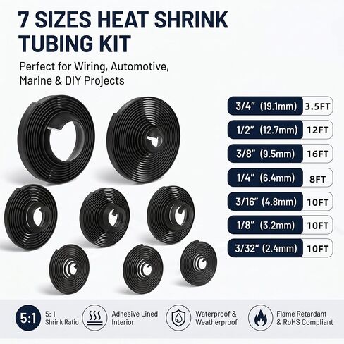 Heat Shrink Tubing Kit 5:1 Adhesive Lined Waterproof Marine Grade Assortment 7 Sizes Dual Wall Heat Shrink Tube for Wire Cable Electrical Insulation Outdoor Use in Kuwait
