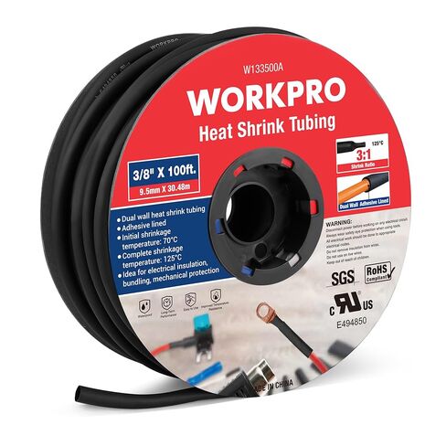 WORKPRO 100 FT 3/8" Heat Shrink Tubing, 3:1 Ratio Dual Wall Adhesive Lined Heat Wire Shrink Wrap Tubing, Industrial and Marine Grade Shrinking Cable Tube, Flame Retardant and Waterproof, Black in Kuwait