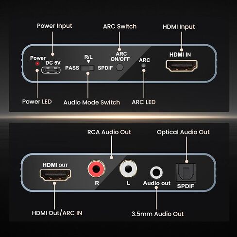 HDMI ARC Audio Extractor 4K60Hz, HDMI ARC Adapter to Optical/SPDIF RCA 3.5mm AUX Audio Adapter Converter Splitter Support LPCM 5.1/DTS/DSD for Laptop/TV Box/DVD/PS5/Soundbar/Speaker/Amplifier in Kuwait