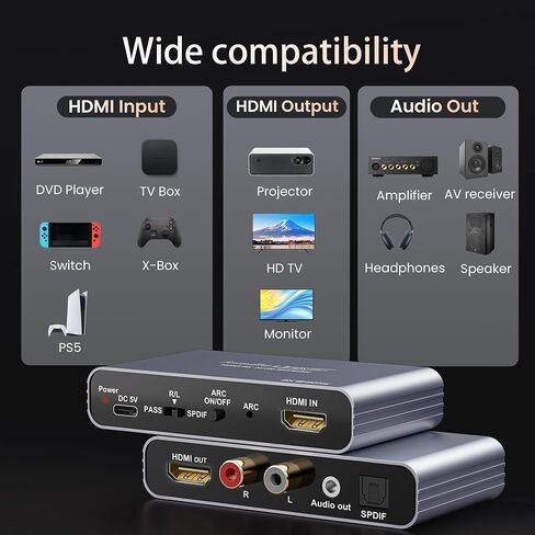 HDMI ARC Audio Extractor 4K60Hz, HDMI ARC Adapter to Optical/SPDIF RCA 3.5mm AUX Audio Adapter Converter Splitter Support LPCM 5.1/DTS/DSD for Laptop/TV Box/DVD/PS5/Soundbar/Speaker/Amplifier in Kuwait