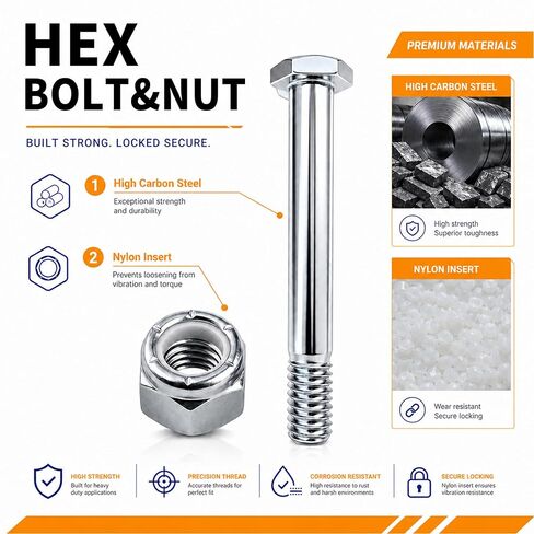 8-Set Caster Wheel Bolts and Nuts,5/16"-18x2-8/25,Carbon Steel Galvanized, hex Head Screw with 1/2" Lock Keyway, Replacement Hardware for Handcarts, Dollies and Utility Carts. in Kuwait
