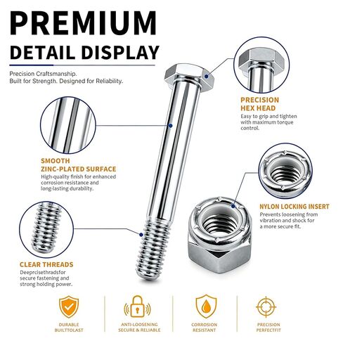 8-Set Caster Wheel Bolts and Nuts,5/16"-18x2-8/25,Carbon Steel Galvanized, hex Head Screw with 1/2" Lock Keyway, Replacement Hardware for Handcarts, Dollies and Utility Carts. in Kuwait