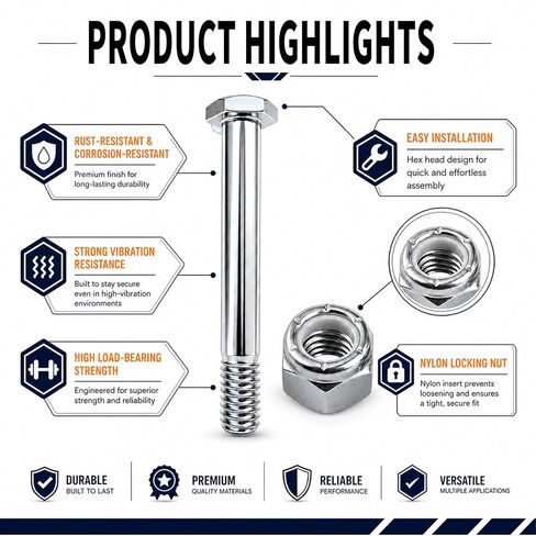 8-Set Caster Wheel Bolts and Nuts,5/16"-18x2-8/25,Carbon Steel Galvanized, hex Head Screw with 1/2" Lock Keyway, Replacement Hardware for Handcarts, Dollies and Utility Carts. in Kuwait