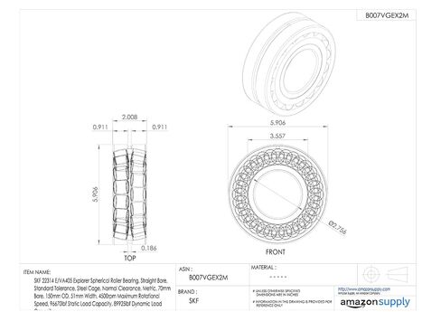 SKF 22314 E/VA405 Explorer محمل أسطواني كروي، تجويف مستقيم، تسامح قياسي، قفص فولاذي، خلوص عادي، متري، تجويف 70 مم، 150 مم OD، عرض 51 مم، أقصى سرعة دوران 4500 دورة في الدقيقة، سعة تحميل ثابتة 96670 رطل، سعة تحميل ديناميكية 89925 رطل in Kuwait
