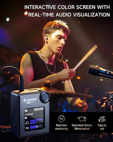 Donner Wireless in Ear Monitor System, Stereo IEM System with Transmitter, Beltpack Color Screen Receiver, 2.4G IEM Wireless for Band Rehearsal, Live Performance, Studio, CV-3 in Kuwait