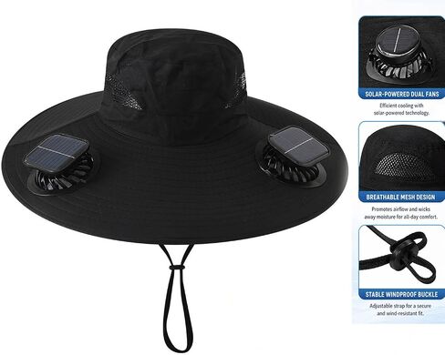 zengxiaoyun Hat with Fan,Solar Fan Hat, Hat with Fans Solar Power for Men Women, Solar & USB Charging Sombrero Black in Kuwait