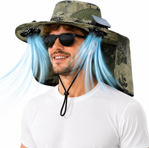 Solar Fan Hat, Wide Brim Sun Hat with 2 Solar Fan, Bucket Hat Neck Flap Outdoor Fishing Hiking Camping Gardening Men Woman in Kuwait