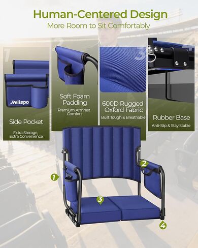 Stadium Seats with Back Support 550LB, 19" Higher Back Bleacher Seat for Adults Big Users, Extra-Wide & 30D High-Density Cushion, Easy-Fold Protable Stadium Chair for Football Sports Events in Kuwait