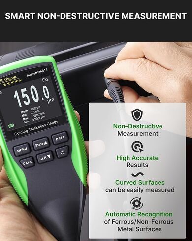 Coating Thickness Gauge Industrial-814 – 0-1250µm (0-50 mils) Paint Thickness Meter for Steel & Aluminum, 0.1µm Resolution, Fe/NFe Auto Detection, External Probe (Green) in Kuwait