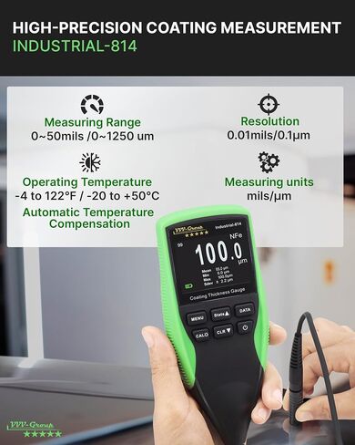 Coating Thickness Gauge Industrial-814 – 0-1250µm (0-50 mils) Paint Thickness Meter for Steel & Aluminum, 0.1µm Resolution, Fe/NFe Auto Detection, External Probe (Green) in Kuwait