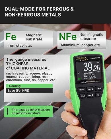 Coating Thickness Gauge Industrial-814 – 0-1250µm (0-50 mils) Paint Thickness Meter for Steel & Aluminum, 0.1µm Resolution, Fe/NFe Auto Detection, External Probe (Green) in Kuwait