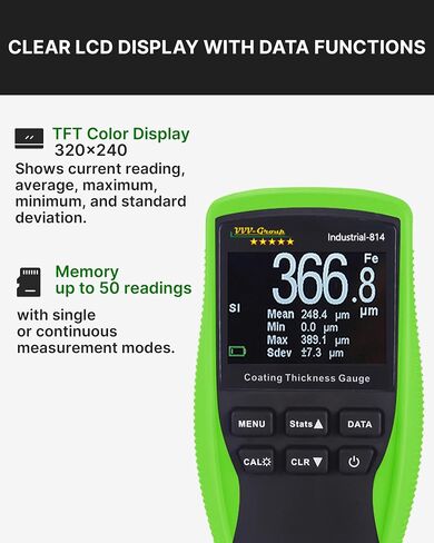 Coating Thickness Gauge Industrial-814 – 0-1250µm (0-50 mils) Paint Thickness Meter for Steel & Aluminum, 0.1µm Resolution, Fe/NFe Auto Detection, External Probe (Green) in Kuwait