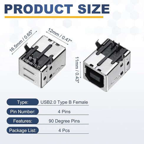 MECCANIXITY 4 قطع USB2.0 نوع B مقبس موصل مقبس أنثى، 4 دبوس DIP 90 درجة محول بديل للإصلاح، منفذ جاك لمشاريع DIY الإلكترونية، أسود in Kuwait