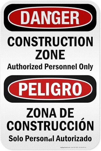 Danger Construction Zone Authorized Personnel Only Bilingual Sign, 10x7 Inches, 4 Mil Vinyl Decal Stickers Weather Resistant, Made in USA by My Sign Center in Kuwait