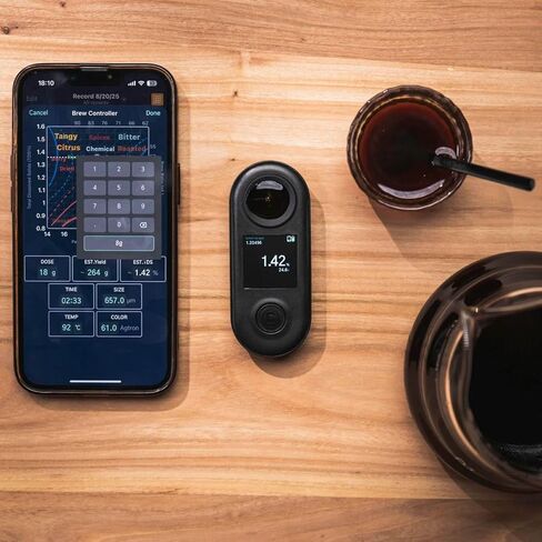 مقياس انكسار R2 للقهوة الرقمية TDS، نطاق 0-30%، دقة ±0.02%، مستشعر CMOS، مقاوم للماء IP67، قابل لإعادة الشحن عبر USB-C، تطبيق متصل للصب والإسبريسو والقهوة المتخصصة in Kuwait