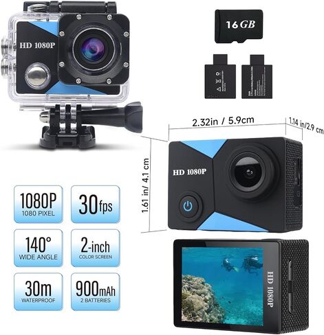 Action Camera 1080P Sports Camera 16GB Memory Card Action Cam 131ft Underwater Waterproof with 2 X Batteries with Accessories Kit Suitable for Helmet, Bicycle, etc. in Kuwait