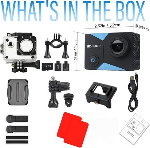 Action Camera 1080P Sports Camera 16GB Memory Card Action Cam 131ft Underwater Waterproof with 2 X Batteries with Accessories Kit Suitable for Helmet, Bicycle, etc. in Kuwait