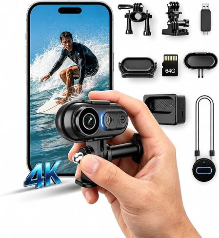 كاميرا الجسم 4K Mini، كاميرا POV Action Cam يمكن ارتداؤها مع تسجيل الصوت والفيديو سعة 64 جيجابايت، مقاومة للماء IPX7، تثبيت 6 محاور، كاميرات إبهام بدون استخدام اليدين لركوب الدراجات، ومدونات الفيديو، والسفر والأنشطة الخارجية in Kuwait