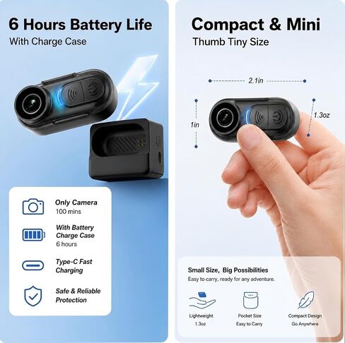 كاميرا الجسم 4K Mini، كاميرا POV Action Cam يمكن ارتداؤها مع تسجيل الصوت والفيديو سعة 64 جيجابايت، مقاومة للماء IPX7، تثبيت 6 محاور، كاميرات إبهام بدون استخدام اليدين لركوب الدراجات، ومدونات الفيديو، والسفر والأنشطة الخارجية in Kuwait