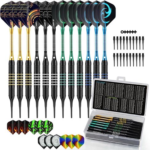 12Pcs Soft Tip Darts, 18 Gram Plastic Tip Dart Sets with 4 Color Aluminum Shafts 8 Style Flights, Replace the Dart Head, Ideal for Beginners & Pros Home/Bar/Competition in Kuwait