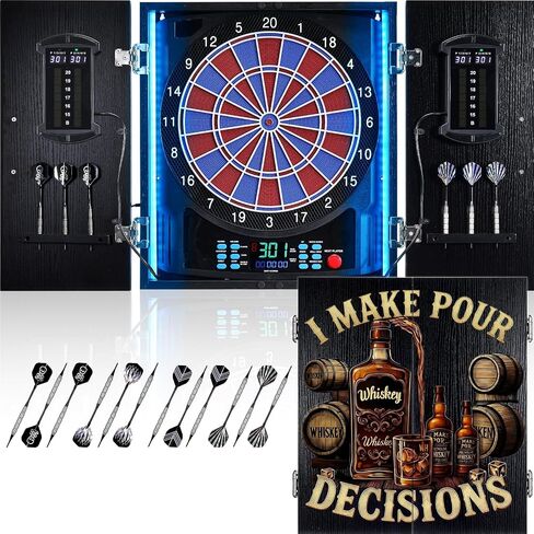 Electronic Dartboard Cabinet Set for Adults, 8-Color Player Tracking| Advanced Digital Scoring, 12*Bronze Soft Tip Darts, Cricket Game Mode in Kuwait