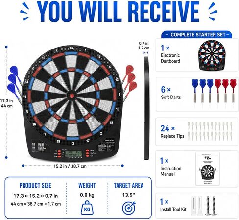 FunVision Electronic Dart Board Set - 13" Electric Dart Board, Digital Dart Boards with 6 Darts 24 Tips in Kuwait