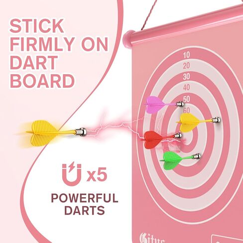 Gitus Pink Magnetic Dart Board Game for Teen Girls, 12 Soft Darts Kids Dart Set, Girls Room Wall Decor, Trendy Gift Ideas for 8-16 Year Old Teenage Girls, Safe Indoor Bedroom Play Toy in Kuwait