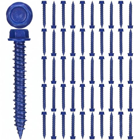 Therwen 200 Pcs 1/4" x 1-3/4" Blue Hex Concrete Screw PTFE Carbon Steel Concrete Bolt Screws Kit Hardened Rust Corrosion Resistant for Anchor Masonry Block Cement Wood Decks Fences in Kuwait