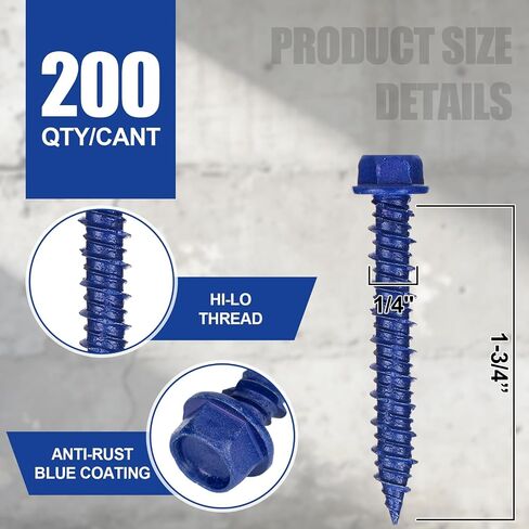 Therwen 200 Pcs 1/4" x 1-3/4" Blue Hex Concrete Screw PTFE Carbon Steel Concrete Bolt Screws Kit Hardened Rust Corrosion Resistant for Anchor Masonry Block Cement Wood Decks Fences in Kuwait