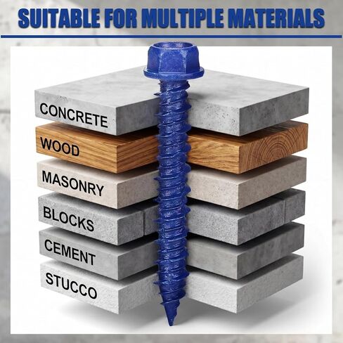Therwen 200 Pcs 1/4" x 1-3/4" Blue Hex Concrete Screw PTFE Carbon Steel Concrete Bolt Screws Kit Hardened Rust Corrosion Resistant for Anchor Masonry Block Cement Wood Decks Fences in Kuwait