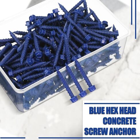Therwen 200 Pcs 1/4" x 1-3/4" Blue Hex Concrete Screw PTFE Carbon Steel Concrete Bolt Screws Kit Hardened Rust Corrosion Resistant for Anchor Masonry Block Cement Wood Decks Fences in Kuwait