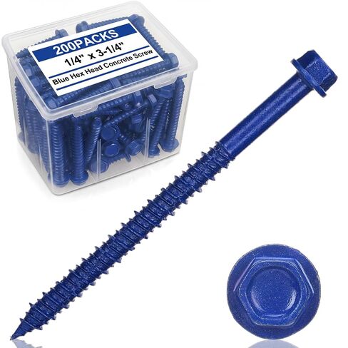 Therwen 200 قطعة 1/4 بوصة × 3-1/4 بوصة برغي خرساني سداسي أزرق PTFE طقم براغي خرسانية من الصلب الكربوني المقاوم للصدأ والتآكل لمرساة كتلة البناء الأسمنتية والأسوار الخشبية in Kuwait