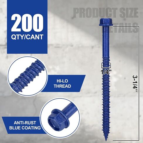 Therwen 200 قطعة 1/4 بوصة × 3-1/4 بوصة برغي خرساني سداسي أزرق PTFE طقم براغي خرسانية من الصلب الكربوني المقاوم للصدأ والتآكل لمرساة كتلة البناء الأسمنتية والأسوار الخشبية in Kuwait