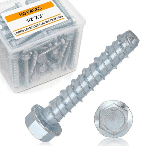 Hicarer 100 Pack 1/2" x 3" Concrete Screw Anchors Galvanized Heavy Duty Large Diameter Concrete Anchors Screws for Anchoring, Masonry Brick, Block, Decking and Framing, Hex Drive in Kuwait