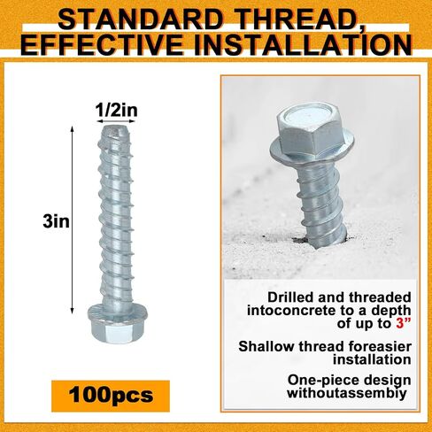 Hicarer 100 Pack 1/2" x 3" Concrete Screw Anchors Galvanized Heavy Duty Large Diameter Concrete Anchors Screws for Anchoring, Masonry Brick, Block, Decking and Framing, Hex Drive in Kuwait