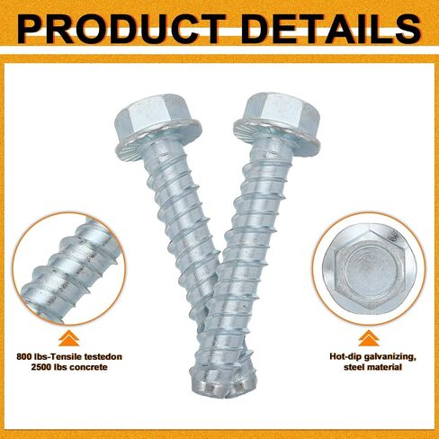 Hicarer 100 Pack 1/2" x 3" Concrete Screw Anchors Galvanized Heavy Duty Large Diameter Concrete Anchors Screws for Anchoring, Masonry Brick, Block, Decking and Framing, Hex Drive in Kuwait