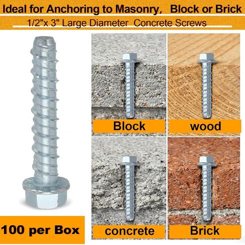 Hicarer 100 Pack 1/2" x 3" Concrete Screw Anchors Galvanized Heavy Duty Large Diameter Concrete Anchors Screws for Anchoring, Masonry Brick, Block, Decking and Framing, Hex Drive in Kuwait