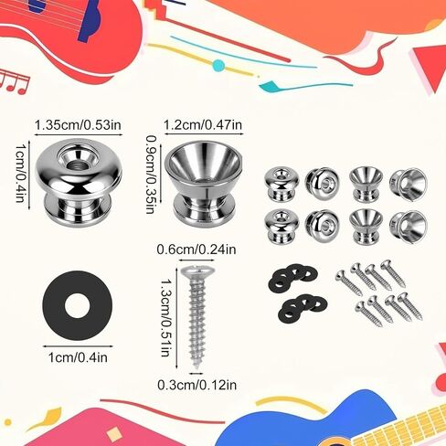 8 Packs Guitar Strap Locks, 4 Trumpet Head & 4 Mushroom Head Style Buttons with End Pins & Washers for Electric Instrument Bass Acoustic Guitar and Ukulele (Silver) in Kuwait