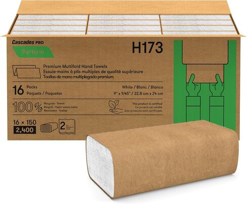 Cascades PRO Perform Premium Multifold Hand Towels 2-Ply – 150 Sheets per Pack, 16 Packs/Case,100% Recycled, Green Seal Certified, Soft & Absorbent– H173 – White in Kuwait
