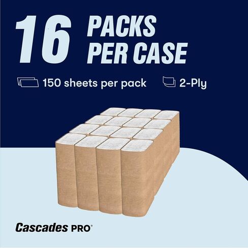 Cascades PRO Perform Premium Multifold Hand Towels 2-Ply – 150 Sheets per Pack, 16 Packs/Case,100% Recycled, Green Seal Certified, Soft & Absorbent– H173 – White in Kuwait