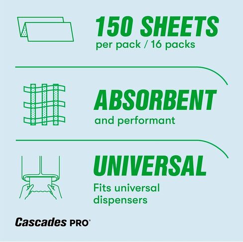 Cascades PRO Perform Premium Multifold Hand Towels 2-Ply – 150 Sheets per Pack, 16 Packs/Case,100% Recycled, Green Seal Certified, Soft & Absorbent– H173 – White in Kuwait