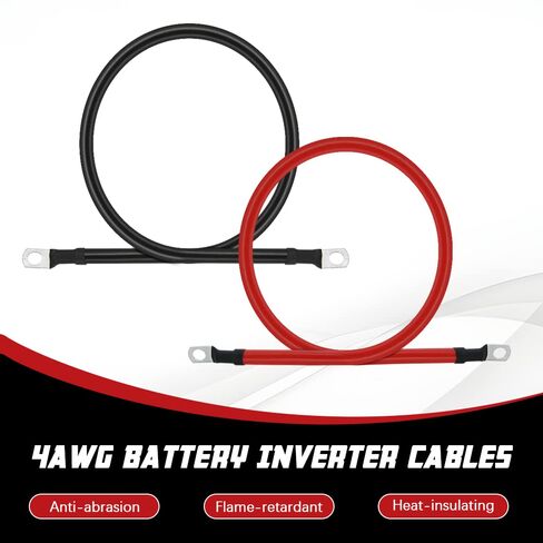 كابل بطارية 4 AWG بقياس 4 كابلات عاكسة للبطارية من النحاس النقي مع عروات 5/16 في كلا الطرفين مجموعة أسلاك عاكس الطاقة للسيارات عاكس الطاقة الشمسية والقوارب البحرية والدراجات النارية للسيارة (4FT) in Kuwait