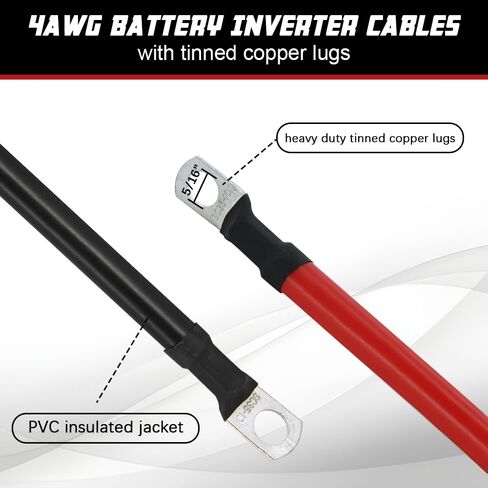 كابل بطارية 4 AWG بقياس 4 كابلات عاكسة للبطارية من النحاس النقي مع عروات 5/16 في كلا الطرفين مجموعة أسلاك عاكس الطاقة للسيارات عاكس الطاقة الشمسية والقوارب البحرية والدراجات النارية للسيارة (4FT) in Kuwait