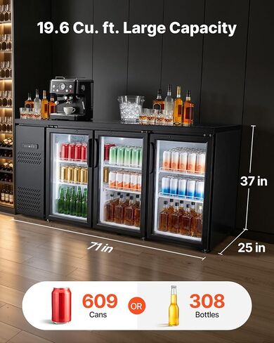 VEVOR Back Bar Cooler, 19.6 Cu. Ft Counter Height Beverage Refrigerator, Commercial Bar Display Fridge w/ 3 Glass Doors, LED Lighting, Fan Cooling Beer Wine Cooler for Pub, Merchandiser, Store in Saudi Arabia