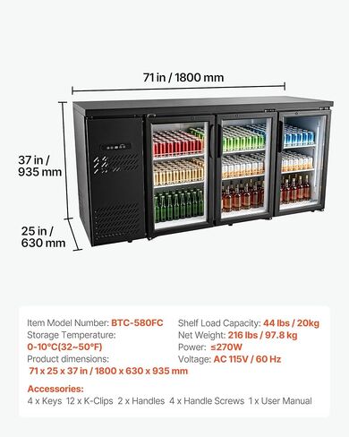 VEVOR Back Bar Cooler, 19.6 Cu. Ft Counter Height Beverage Refrigerator, Commercial Bar Display Fridge w/ 3 Glass Doors, LED Lighting, Fan Cooling Beer Wine Cooler for Pub, Merchandiser, Store in Saudi Arabia