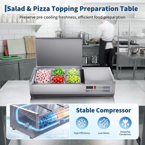 38" Commercial Refrigerated Condiment Prep Station with Stainless Steel Guard, 130W Countertop Refrigerated Salad Bar, Sandwich Prep Table with 1 x 1/3 Pans + 4 x 1/6 Pans, for Home, Restaurant in Kuwait