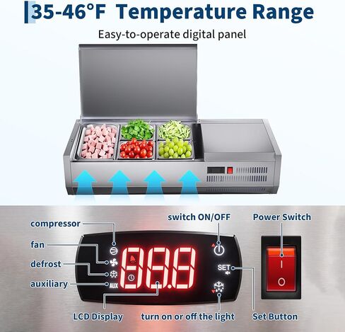 38" Commercial Refrigerated Condiment Prep Station with Stainless Steel Guard, 130W Countertop Refrigerated Salad Bar, Sandwich Prep Table with 1 x 1/3 Pans + 4 x 1/6 Pans, for Home, Restaurant in Kuwait