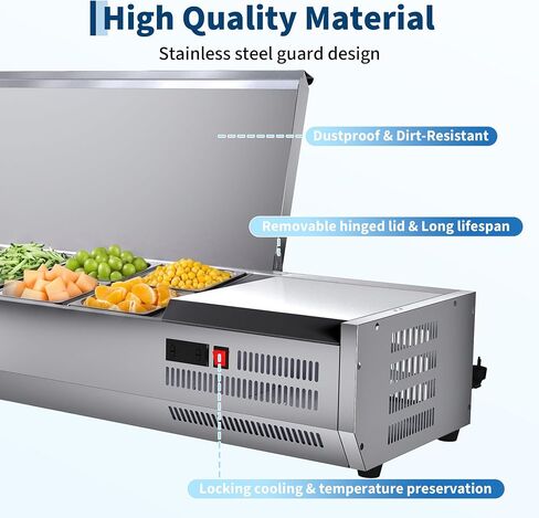 38" Commercial Refrigerated Condiment Prep Station with Stainless Steel Guard, 130W Countertop Refrigerated Salad Bar, Sandwich Prep Table with 1 x 1/3 Pans + 4 x 1/6 Pans, for Home, Restaurant in Kuwait
