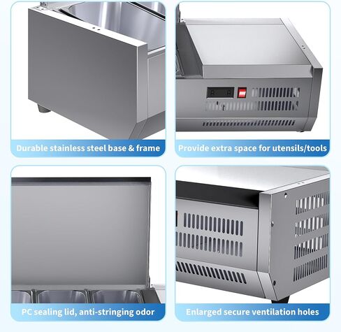 38" Commercial Refrigerated Condiment Prep Station with Stainless Steel Guard, 130W Countertop Refrigerated Salad Bar, Sandwich Prep Table with 1 x 1/3 Pans + 4 x 1/6 Pans, for Home, Restaurant in Kuwait